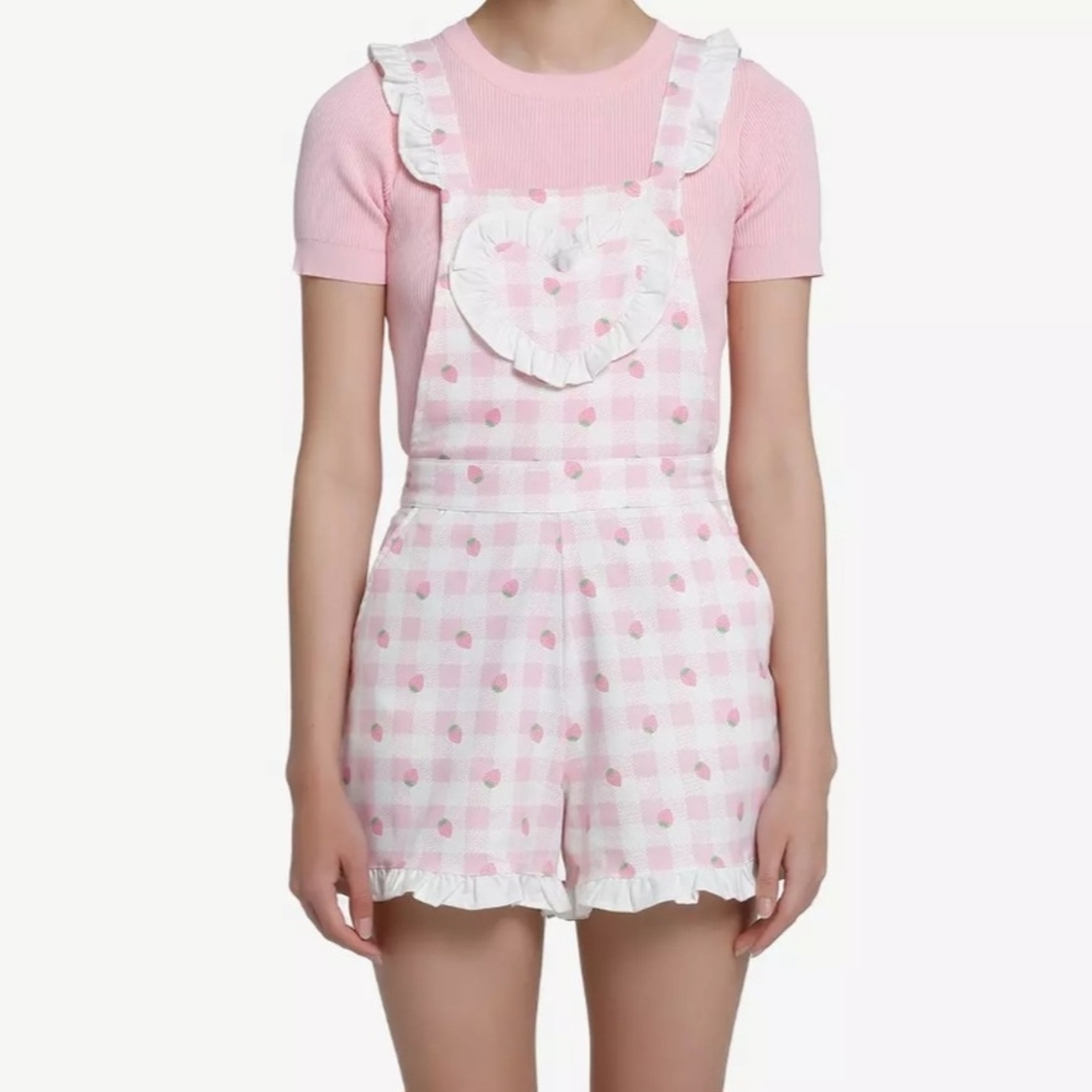 Hot Topic Novelty Cottage Strawberry Gingham Ruffle Romper Jumper Women SZ Large